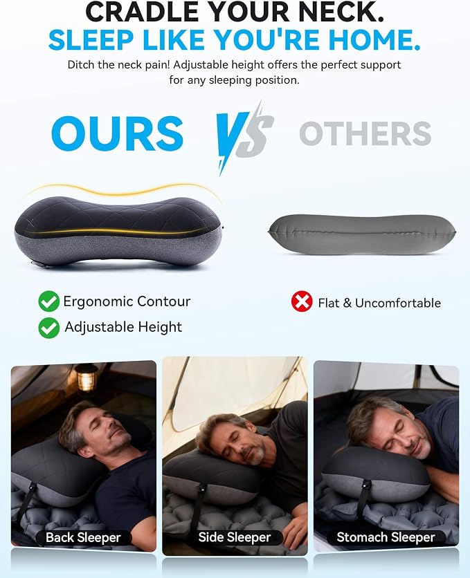Hikenture Camping Pillow with Removable Cover, Ultralight Inflatable Pillow | Ergonomic Neck Lumber Support, Upgrade Leakproof Backpacking Pillow, Portable Packable for Hiking, Beach, Travel