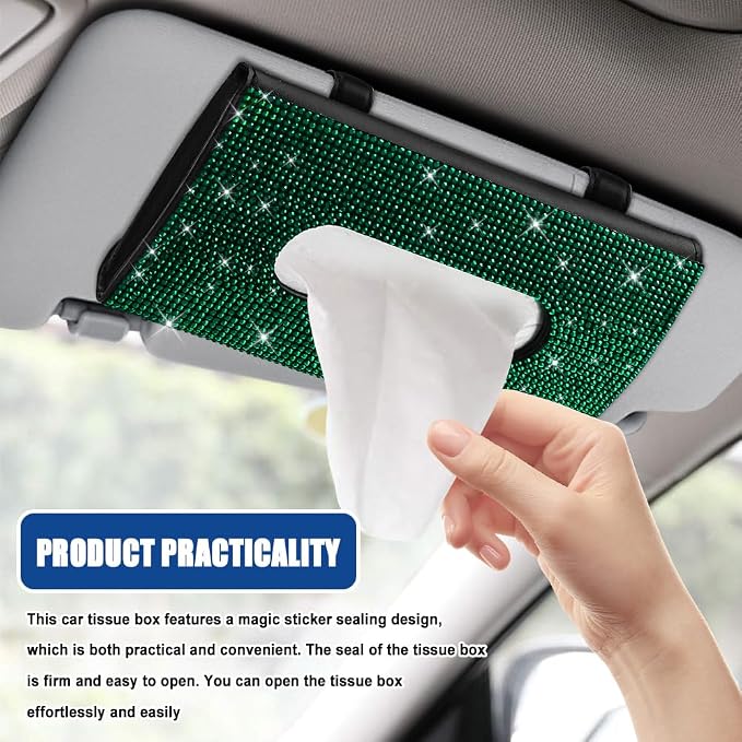 Bling Car Sun Visor Tissue Box Holder, Visor Accessories, Rhinestone PU Leather Crystal Sparkling Napkin Holder, Auto Sun Visor Paper Towel Cover Case Accessories for Most Cars (Green)