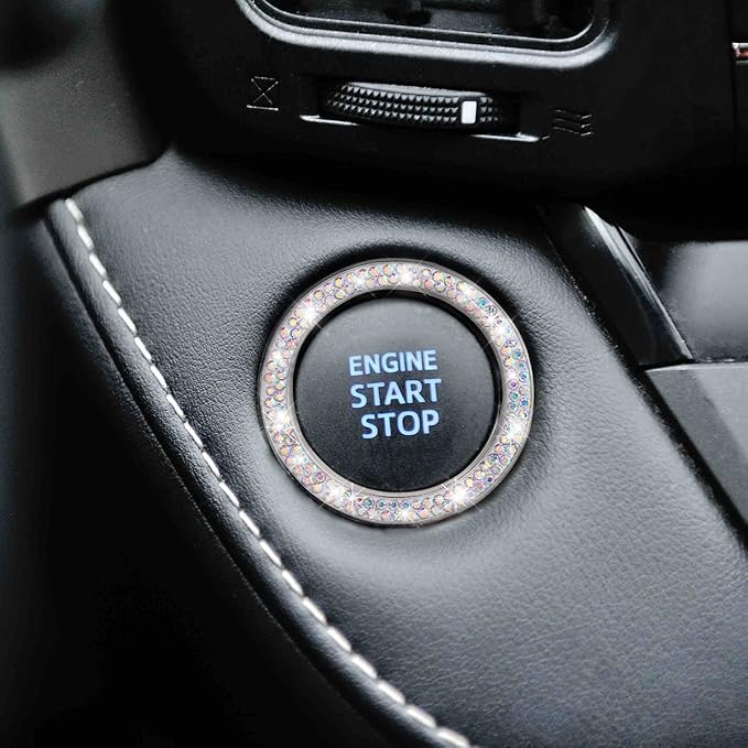 Bling Crystal Rhinestone Engine Start Ring Decals, 2 Pack Push Start Button Cover/Sticker, Key Ignition Knob Bling Ring, Sparkling Car Interior Accessories for Women (AB)