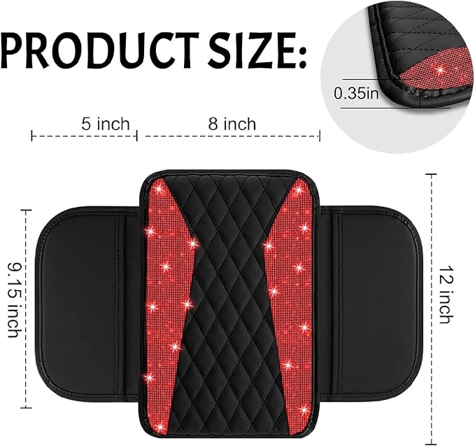 NBTEPEM Bling Car Center Console Cover, Leather Arm Rest Cover for Car with 2 Storage Bags, Universal Car Middle Console Cover Diamond Car Accessories Interior Fit for Most Vehicles, Red Diamond