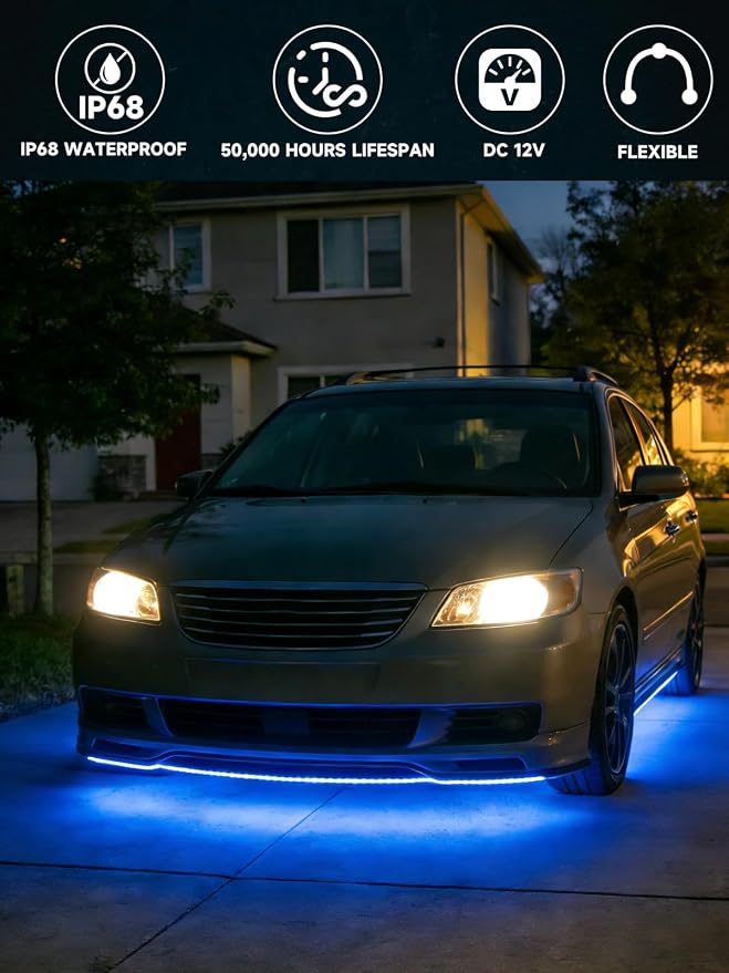 Car LED Strip Lights IP68 Waterproof Cuttable 24inch Blue 4 Pcs | 12V Footwell & Underbody Lights, 5050 SMD Beads, Interior & Exterior Light, Fits SUVs, Trucks, Motorcycles, Boats, Golf Carts