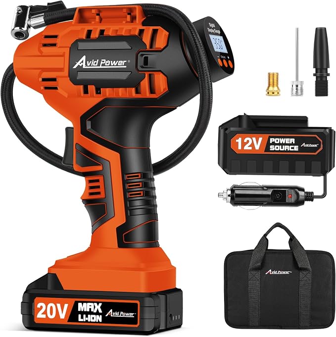 Avid Power Tire Inflator Portable Air Compressor, 20V Cordless Rechargeable Battery Tire Pump w/ 12V Car Power Adapter, Digital Pressure Gauge, Auto Air Pump for Many Inflatables (Orange)