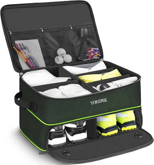 YOREPEK Golf Gifts for Men, 2 Layer Golf Trunk Organizer for 2 Pair Shoes | Waterproof Car Trunk Locker with Separate Ventilated Compartment for Balls, Tees, Clothes, Gloves, Birthday Gifts for Golfers