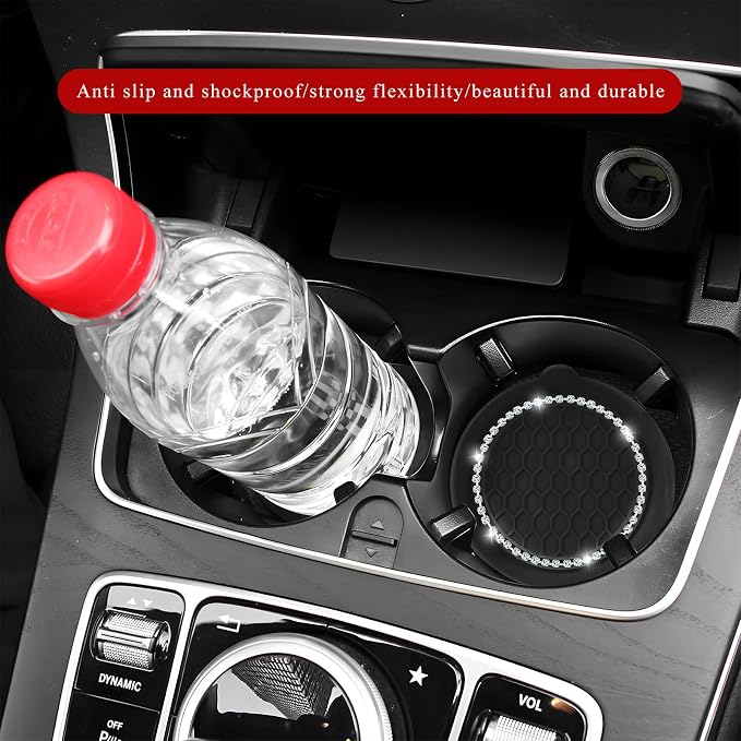Sun Walker 4 PCS Bling Car Cup Holder Coaster, Non Slip Sparkly Rhinestone Cup Holder Pad Insert Coaster, Shockproof Silicone Shiny Embedded Drink Mat Interior Decor for Most Vehicles (Black)