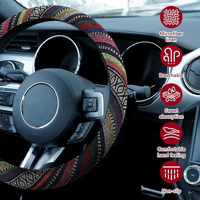 Boho Steering Wheel Cover, Ethnic Style Car Steering Wheel Cover Protector, Anti-Slip Flax Cloth Cover Universal Fits 14.5-15 Inch Steering Wheel, Interior Car Accessories(B Style)