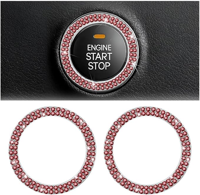 Bling Car Engine Start Ring Decals, 2PCS Sparkling Crystal Rhinestone Vehicle Push to Start Button Sticker, Diamond Auto Key Ignition Knob Decorative Ring, Universal for Vehicles (Red)