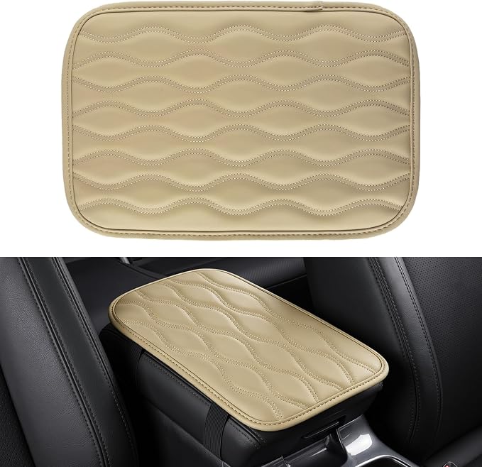 Amiss Car Center Console Cover, Upgraded Leather Car Armrest Cushion, Universal Waterproof Cushion Pad, Non-Slip Car Interior Accessories, Fits Most Sedans SUVs Trucks (Beige)