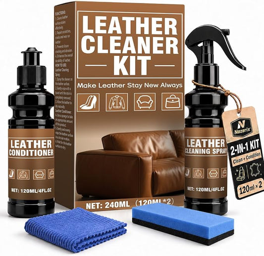 Leather Cleaner and Conditioner, Leather Cleaning Kit, Leather Conditioner, Cleans Stains, Restores Softness and Shine, Protects Cracking, for Car Seats, Sofa, Bags, 2 Bottles (4 oz Each)