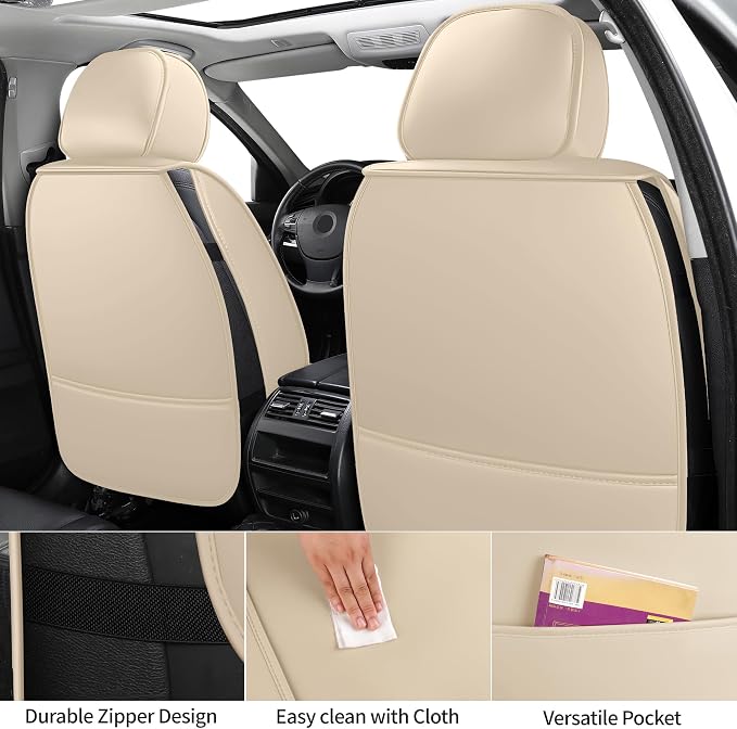 Light Beige Thick Nappa Leather Automotive Front Car Seat Covers Set of 2 | Univerasal Precision Fit,Lumbar Support,3D Contoured,Waterproof,ThickTexture,for most Suvs Trucks Sedans