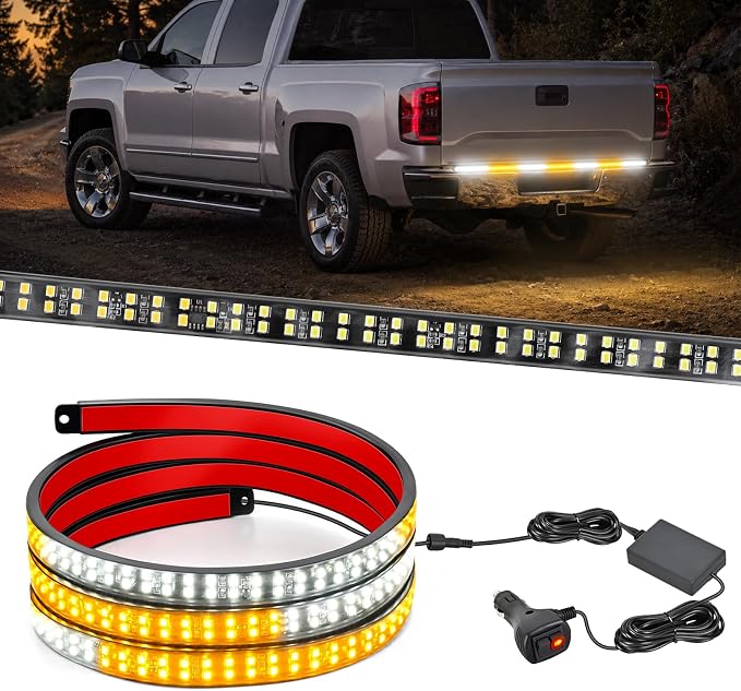 Nilight 60 Inch Truck Tailgate Strobe Light Strip Tail Emergency Bar Rear Window Warning Lamp Ultra-Bright Double Row 360 LED for Pickup Trailers Construction Vehicles Car SUV, Amber White
