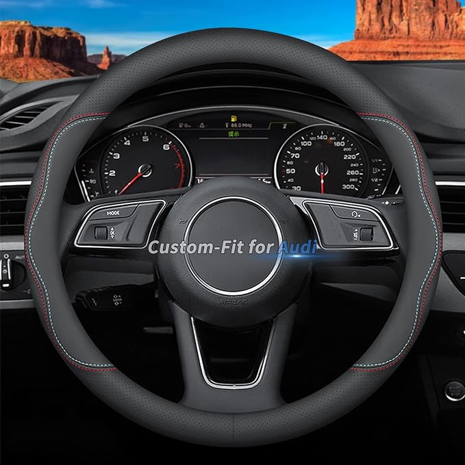 Deer Route Custom-Fit for Audi Steering Wheel Cover, Premium Leather Car Cover with Logo, Non-Slip, Breathable, Accessories (A-Style,for Audi)