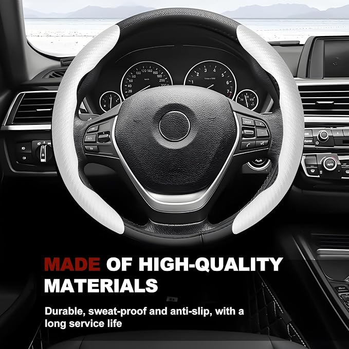 Universal Fit Carbon Fiber Steering Wheel Cover, Segmented Steering Wheel Protector, Carbon Fiber Anti-Skid Steering Wheel Cover Car Interior Accessories (2 Pcs White)