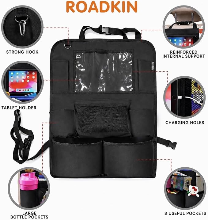 Car Backseat Organizer with Tablet Holder, Multi-Pocket Storage, Kick Mat Seat Protector for SUV, Truck