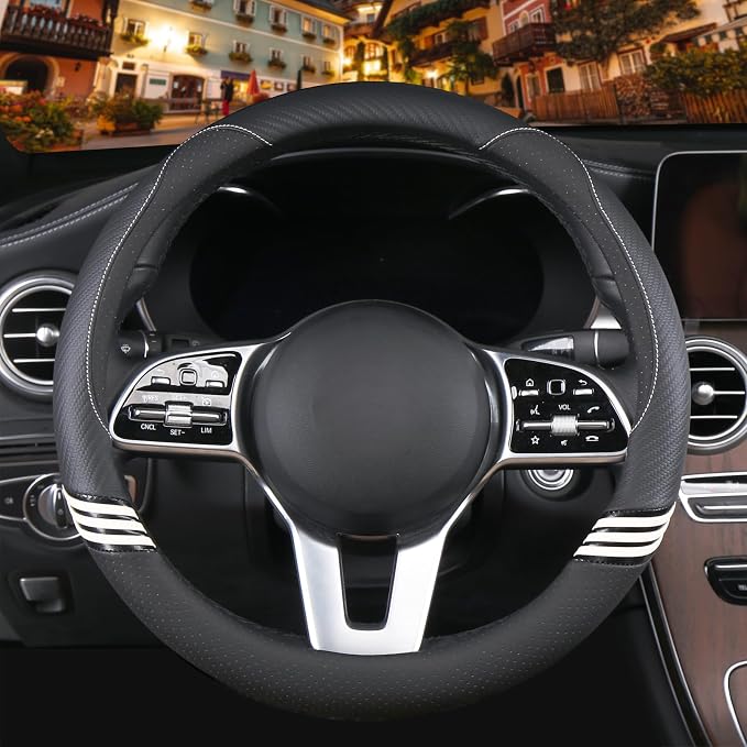 Small 14 inch Cute Leather Steering Wheel Cover Black | Breathable Faux Leather and Carbon Fiber Car Accessories for Women Men 13.5 inch to 14 inch