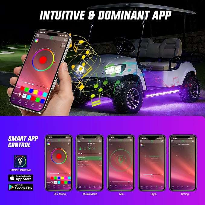 Nilight 2PCS Golf Cart Underbody Lights Kit RGB Multi-Mode LED Neon Accent Lighting Lamp APP Remote Control Sound Active Music Sync IP67 Waterproof 12V-66V for EZGO Yamaha Club Car