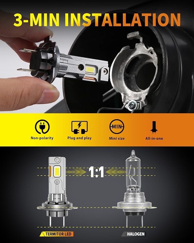 Termitor H7 Light Bulbs, 70000LM 1200% Super Bright, 6500K Cool White, Real 1:1 Halogen Mini Size H7 H7LL Fog Light bulb, Plug and Play, Pack of 2