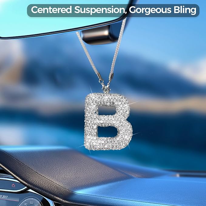 Bling Car Accessories for Women Letter Charm, Rear View Mirror Ornament Cute Hanging Crystal Pendant Girl Car Decorations, Lucky Diamond Rhinestone Girly Charm Interior (White B)