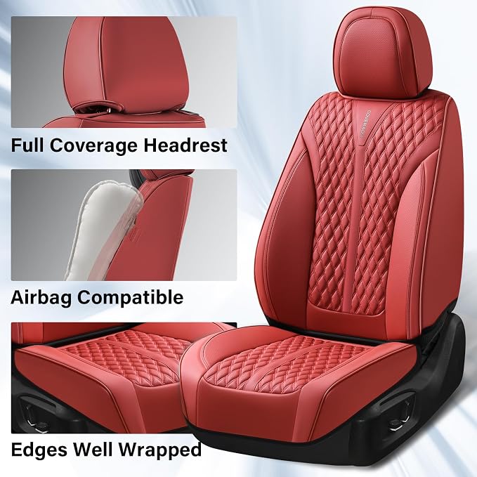 Coverado Front Seat Covers, Luxury Nappa Leather Seat Covers, Car Seat Covers Waterproof, 2 Pack Universal Seat Covers for Cars, Car Seat Protector, Driver Seat Cover Fit for Most Cars, Red