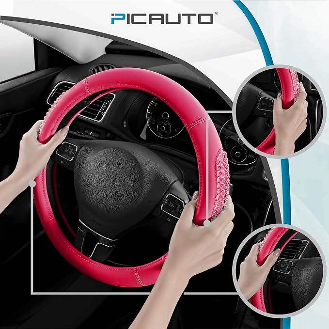 PIC AUTO Steering Wheel Cover, HotPink Leather, Fits 14.5-15.5 Inch Wheels | Universal Steering Wheel Cover with Anti-Slip Grip, Durable Car Interior Accessory, Fits Most Cars, SUVs, Trucks and Vans