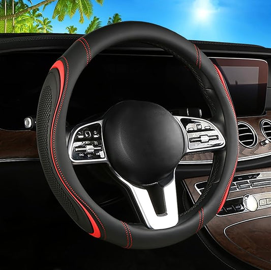 Leather Splicing Black Red Car Steering Wheel Cover,14.5-15 Inch Universal Microfiber Leather Covers Breathable Anti-Slip Odorless Steering Wheels Accessories for Men Women