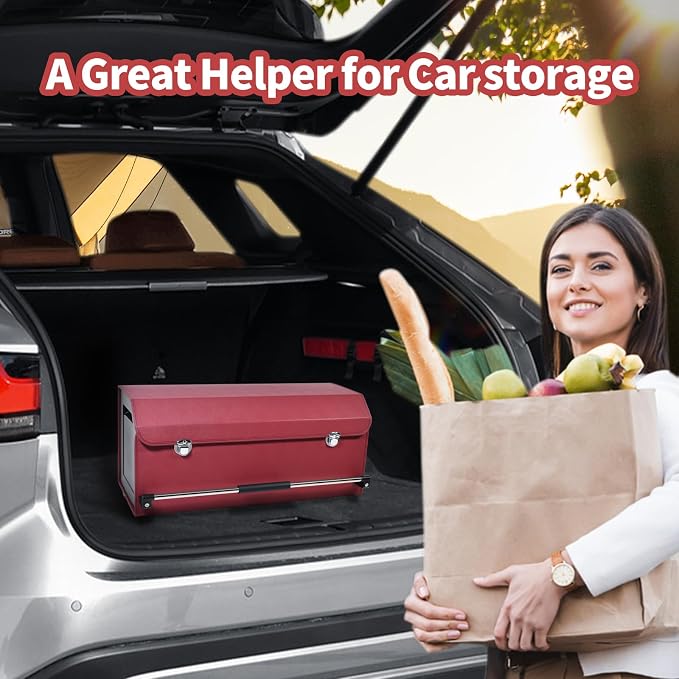 Trunk Organizer for Car with Lid Leather Trunk Organizer Car Organizer | SUV Trunk Organizer with Push-pull Handle Car Trunk Storage Organizer for Minivan, Truck, Sedan (Claret, 27.17x11.42x12.2in)