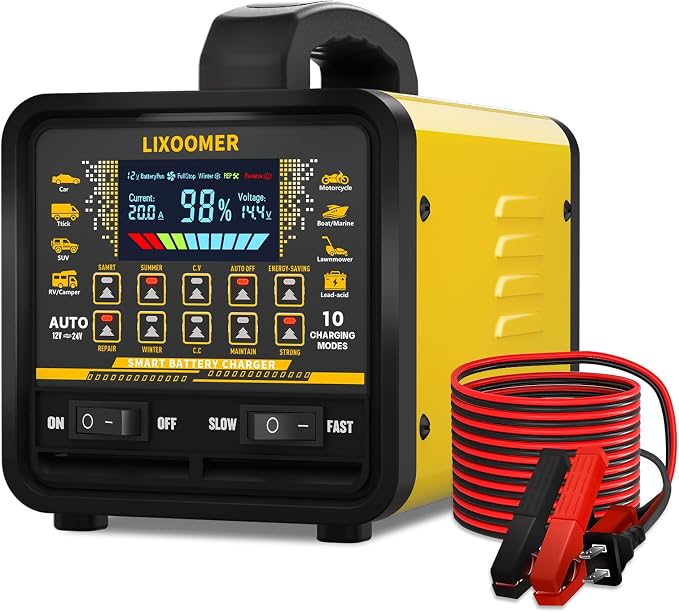 Upgraded 12V/24V 0-20A Car Battery Charger Heavy Duty, Smart Trickle Charger Maintainer with Auto Shutoff, Repair & Winter Mode, 10 Modes & Color Screen for Car, Truck, Motorcycle, Boat, Lawn Mower
