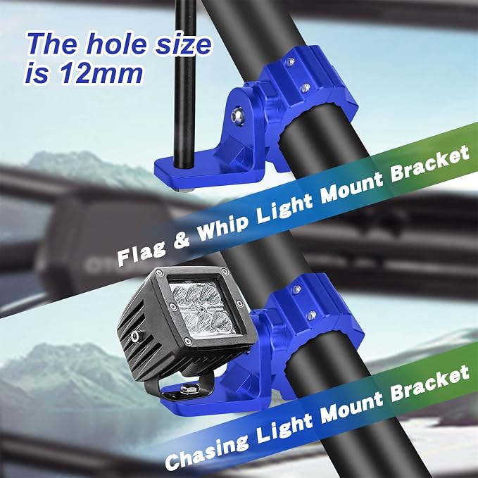 ZIDIYORUO UTV Whip Light Mounts for 1.75-2in Dia Roll Cage, Blue 2PCS | Aluminum Light Brackets, for 1.75-2in Dia UTV cages. Holds LED whips, chase lights, flags. 360 swivel. Fits RZR, Can-Am, Jeep