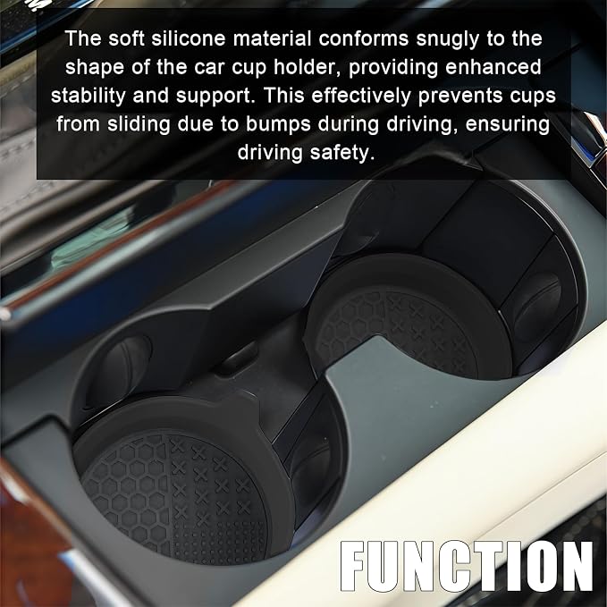 Car Cup Coasters, Silicone Cup Holder Insert (4 Pack) with Auto Detail Brush (2 Pack), Non-Slip Raised Edge Spill Guard Car Interior Accessories, Universal for SUV, Sedan, Truck (Black)