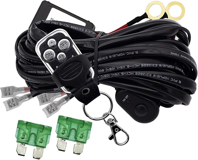 LED Lights Bar Remote Control Wiring Harness Kit 2 Leads DC12V On-Off Switch Power Relay Blade Fuse 14AWG Core Cable Wiring Harness Kit fit for LED Driving Lights Bar Work Auxiliary Lights