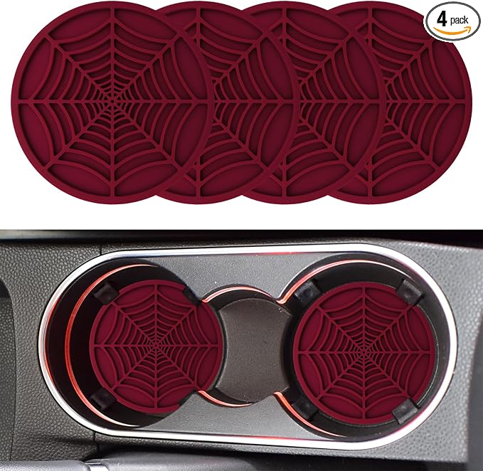 4PCS Car Cup Holder Coaster, Car Cup Insert, 2.75 inch Silicone Anti Slip Spider Web Auto Coaster, Automotive Interior Accessories Car Drink Coasters Cute Fit for Women and Men (Wine Red)