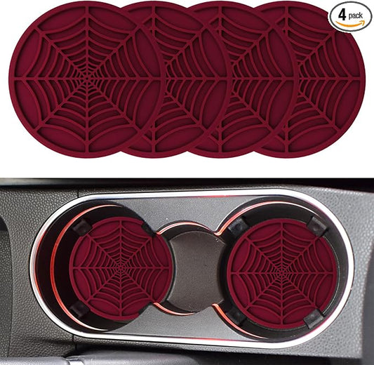 4PCS Car Cup Holder Coaster, Car Cup Insert, 2.75 inch Silicone Anti Slip Spider Web Auto Coaster, Automotive Interior Accessories Car Drink Coasters Cute Fit for Women and Men (Wine Red)