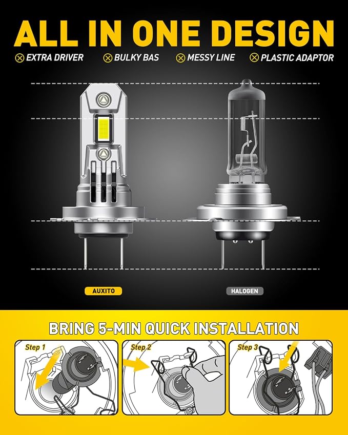 AUXITO Upgraded H7 Bulbs, 900% Ultra Brightness, 6500K White, 1:1 Halogen Size, H7LL LED Fog Light, Non-polarity, No Adapter Required, Plug and Play, Pack of 2