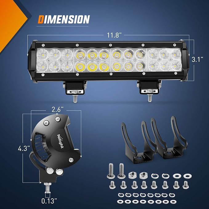 Nilight 12 Inch 72W LED Light Bars Spot Flood Combo Off-Road Light Mounting Bracket Horizontal Bar Tube Clamp With Off Road Wiring Harness, 2 Years Warranty