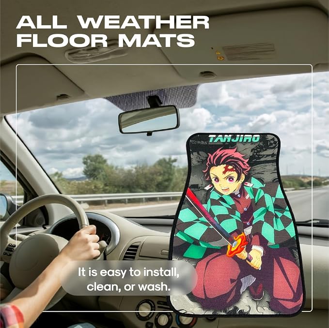 Anime Car Carpet Mat Set of 2 Front, Green Tanjrosword Design Automotive Accessories Interior All Weather Floor Mats Decor with Non Slip Black Anti Skid Backing
