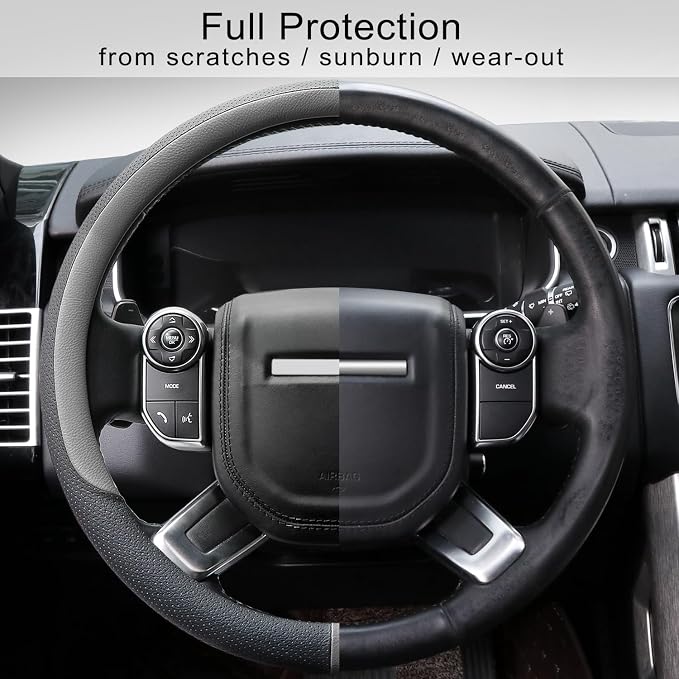 COFIT Breathable Car Steering Wheel Cover 16 inch Auto Universal Leather Wrap Non-Slip Steeringwheel Protector Automotive Interior Accessories, Grey (Suit for 15.5-16 inch)