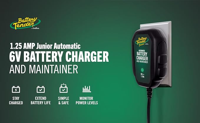 Battery Tender Junior 6V, 1.25 AMP Battery Charger and Maintainer: Fully Automatic 6V Automotive Battery Charger for Cars, Motorcycle, ATVs, and More - 022-0196