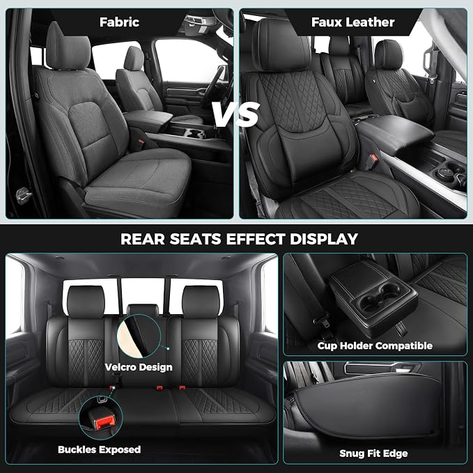 Seat Covers for 2019-2026 Dodge Ram 1500/2500/3500, Flat Bench | lumbar padded, premium waterproof leather, full coverage, anti-slip, storage pockets, long-term durability, airbag compatible