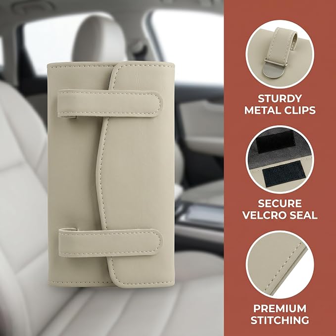 Car Tissue Holder, Visor Tissue Box for Car SUV Truck, Sun Visor Napkin Holder with Metal Clip, PU Leather Auto Interior Accessories (Beige)