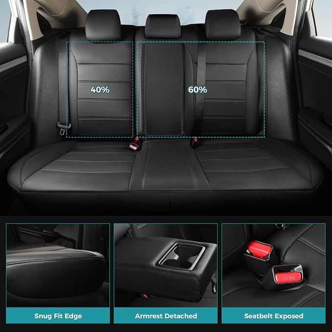 Seat Covers for Honda Civic Hatchback Sport Touring Hybrid 2022-2026 & EX-L 2022-2024, Faux Leather Car Seats Cover Full Set (60/40 Split Seatback-with Rear Armrest) Black