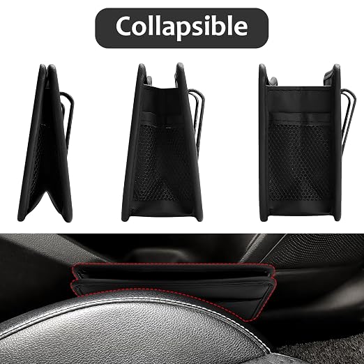Accmor Collapsible Car Trash Can, Leather Vehicle Garbage Organizer Bin Holder with One Roll Trash Bag, Foldable Hanging Mini Cars Storage Bag Container for Auto, SUV (Black)