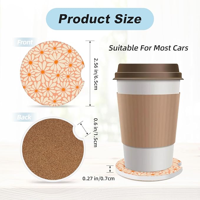 Orange Floral Car Coasters for Cup Holders,2 Pack Car Cup Holder Coasters for Car,Ceramic Absorbent Car Coaster with A Finger Notch and Cork Base,Car Interior Accessories for Women Men