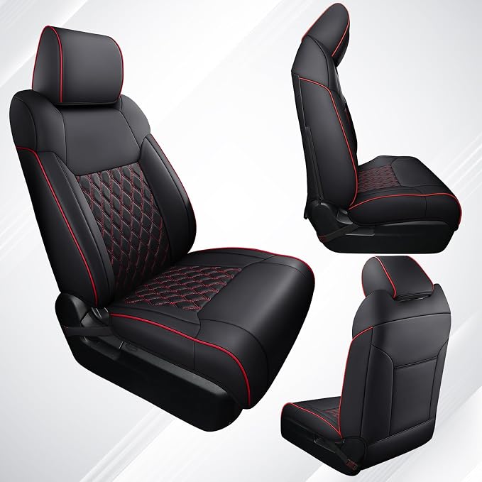 Huidasource Front Truck Seat Covers Fit for 2nd Gen Toyota Tacoma 2005-2015 Double&Crew Cab, Leather Car Seat Cushion Cover for Tacoma Base, PreRunner, SR5, Limited, TRD Sport(Front Pair/Black&Red)
