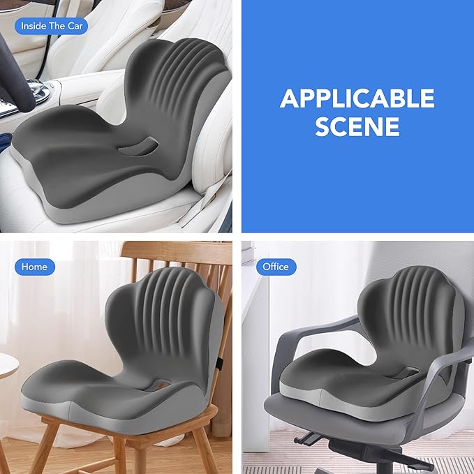 Ergonomic Waist Support and Seat Cushion, L-Shaped Memory Foam Pad, Hollow Design for Coccyx, Suitable for Office Chairs, Car Safety Seats and Household Use - Relieves Lower Back and Hip Pain (Grey)