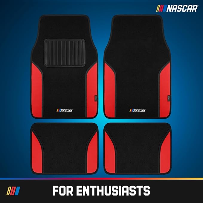 NASCAR Car Floor Mats, Carpet & Red Leather Design Car Mats, Universal-Fit All-Weather Car Floor Mats with Built-in Heel Pad & Anti-Slip Backing, Durable Odorless Automotive Interior Accessories
