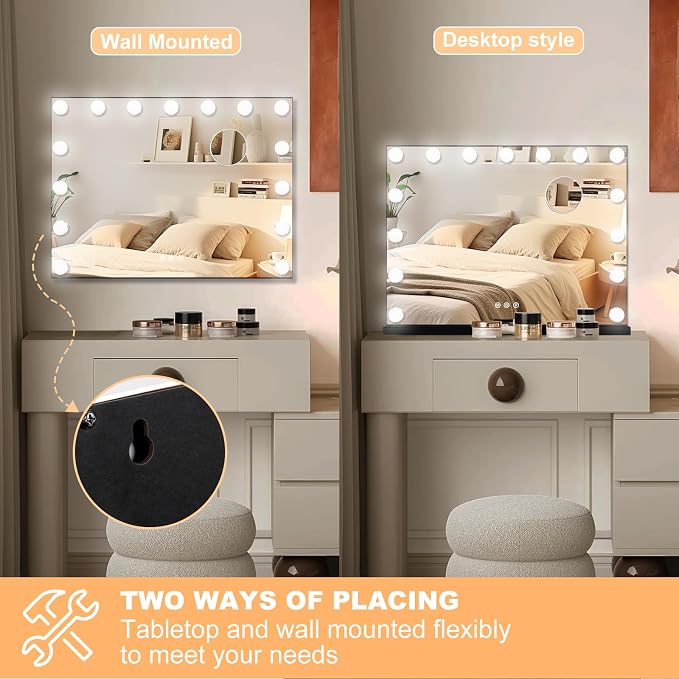 Moonee Vanity Mirror with Lights, Black Hollywood Lighted Makeup Mirror with 15 Dimmable Bulbs and 10X Magnification, 3 Colors Modes, Aluminum Metal Frame, Light Up Mirror for Tabletop/Wall（23" x 18"）