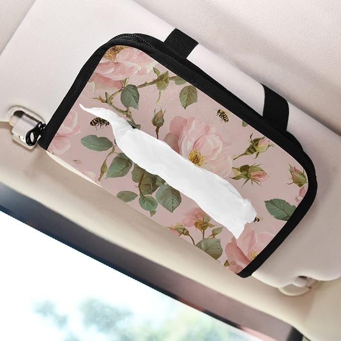 Cute Pink Rose and Bees Car Tissue Holder Durable Napkin Holder Hanging Tissue Holders Case Car Tissues Bag for Sun Visor Seat Back Universal Auto