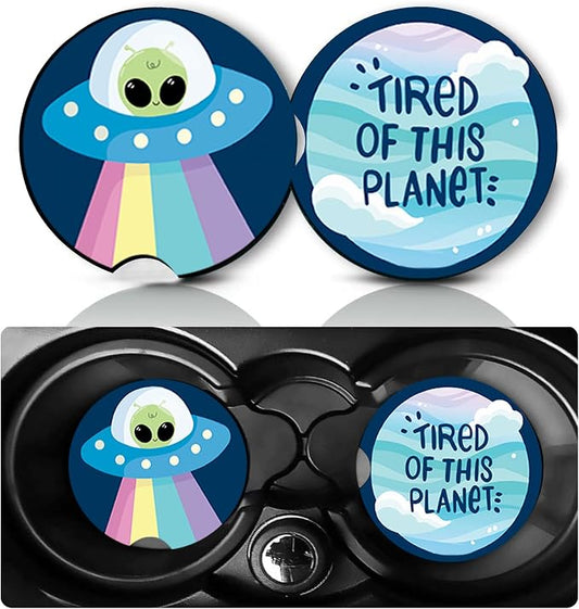 2 Pack Alien Tired Car Cup Holder Coasters Neoprene Anti Slip Rubber Mat | Aliens Car Accessories Decor 2.75" Universal Size Insert Auto Coasters Alien Gifts for Women Men