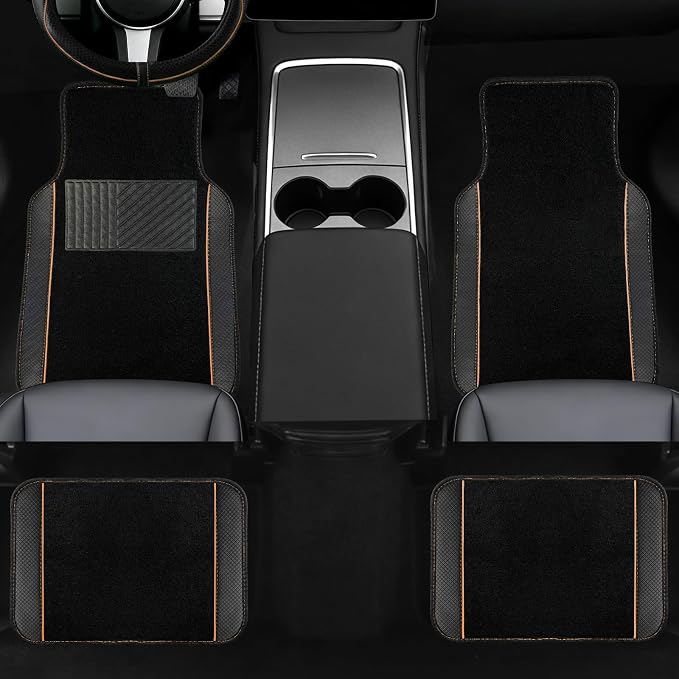 NBTEPEM Microfiber Steering Wheel Cover and Waterproof Car Floor Mats, Universal Fit Most Truck, SUV, Cars, 14.5-15inch Sporty Steering Wheel Covers with Anti-Slip Lining (Black with Beige line)