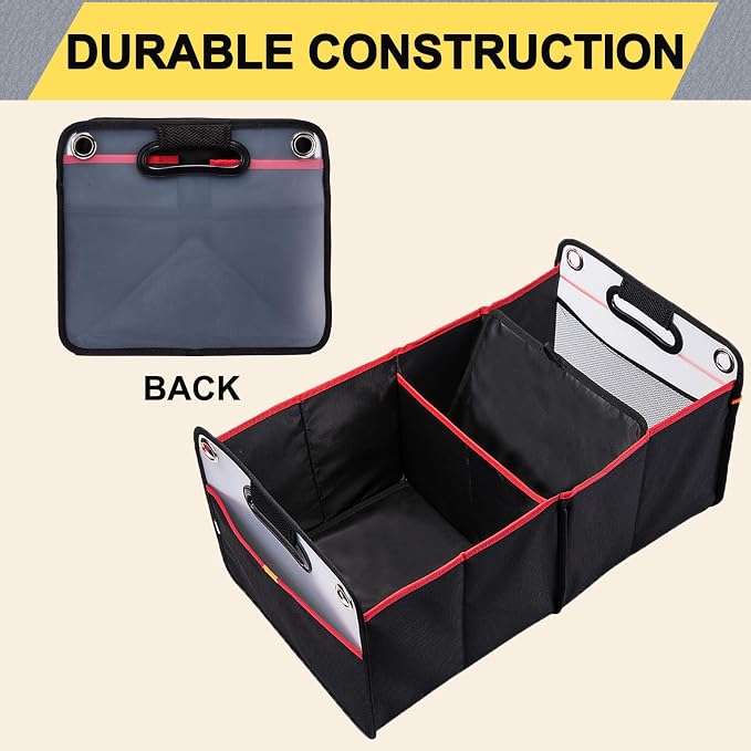 Car Trunk Organizer, Collapsible Auto Trunk Organizer Storage, Portable Grocery Cargo Container with Two Large Compartments for SUV, Vehicle, Truck, Home and Office