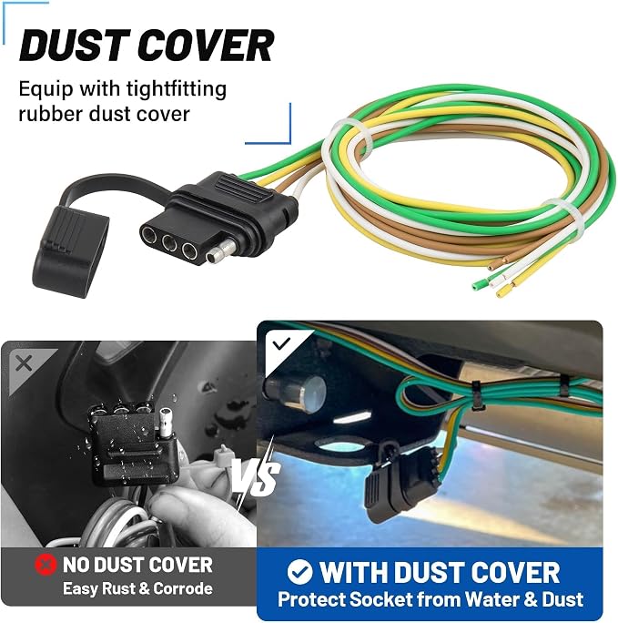 MECMO 4 Pin Trailer Wiring Harness w/Dust Cover, 16AWG 48-Inch Vehicle-Side and 25-Inch Trailer-Side 4-Way Flat Trailer End Connector Truck Trailer Light Plug Socket 4 Prong Male Female Replacement